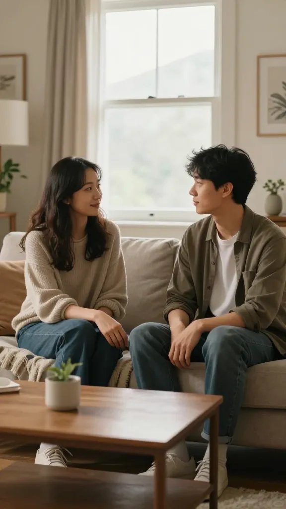 A realistic, high-quality photo of a couple sitting together in a cozy, well-lit living room, clearly engaged in a calm, focused conversation. They are seated on a comfortable sofa with a soft throw blanket, facing each other at a slight angle. The room exudes warmth and safety: muted earth tones, soft natural light from a large window, and a tidy, distraction-free space with a small coffee table between them holding a single, simple object like a plant or a candle. Their body language is open and relaxed—shoulders down, gentle eye contact, light smiles. The scene conveys a no-blame, curious, kind-hearted atmosphere focused on honest, collaborative dialogue. No background clutter, no text, just a realistic moment of mutual respect and joint problem-solving. The main subject from the article title, the couple, is clearly the focal point.