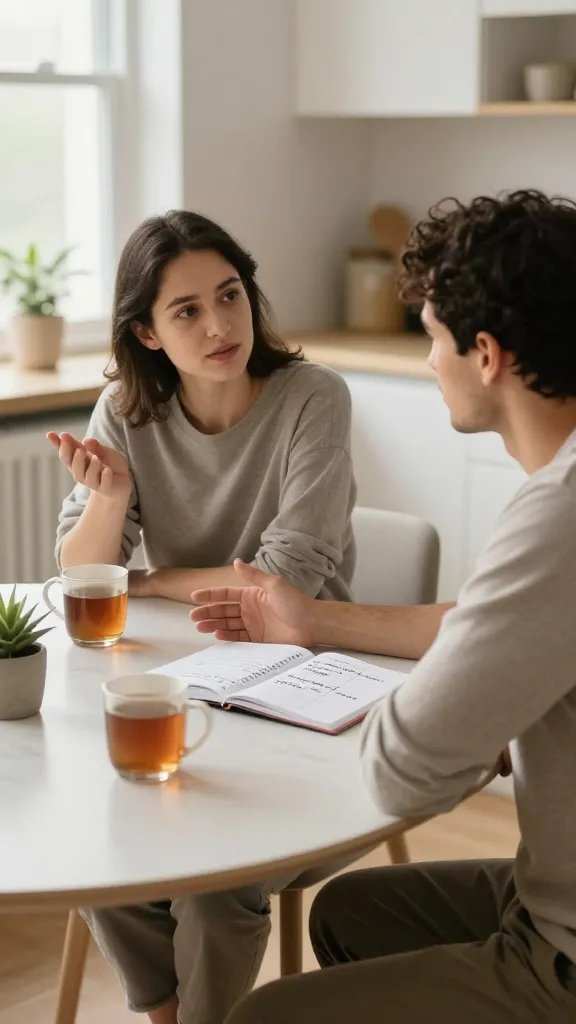 A realistic, high-quality photograph of a calm, intimate couple seated at a tidy kitchen table, engaged in a thoughtful conversation. The scene shows a neatly lit space with soft, natural light coming from a window, a notebook open between them with three clearly labeled columns (A, B, C) and handwritten phrases like "What happened," "Your feelings and needs," and "Constructive request" visible on the page. The couple exudes calm, with relaxed postures, one partner gesturing gently while the other listens attentively, a calming mug of tea and a small potted plant on the table. The background features warm, neutral tones, minimal clutter, and a sense of trust and collaboration, capturing the moment of effective communication and alignment without any text in the image.