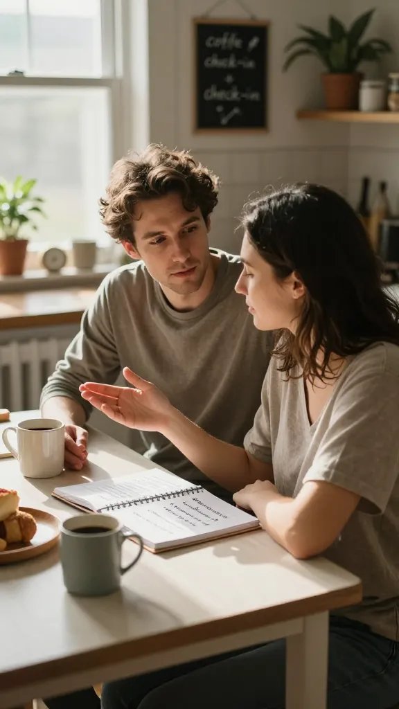 A warm, intimate domestic scene of a couple engaging in a daily 5-minute check-in in a sunlit kitchen at morning light. The main subject from the article title “The Couples Communication Workbook & Handbook” is represented by a calm, supportive partner actively listening while the other shares. They sit at a small kitchen table with two mugs, a tray of morning coffee, and a small notebook open between them. Soft, natural light filters through a window, casting gentle shadows and highlighting their relaxed, focused expressions. Both are casually dressed, embodying comfortable routine: one partner’s hand resting over the other’s as a sign of empathy, the other speaking with a small, open gesture. The scene conveys routine maintenance of a relationship engine: one page of a notebook visible with bullet points like “What went well today,” “One thing you’d appreciate more of,” and “One small adjustment” hinted through subtle, non-intrusive writing on the page. A nearby chalkboard or note pad shows a simple ritual cue like “coffee + check-in” or a bedtime routine symbol, suggesting consistency. The setting is cozy and organized, with muted earthy tones, plants on a windowsill, and a small clock showing morning time. The image should feel realistic, high-resolution, and candid, capturing trust, attentiveness, and everyday intimacy without any text overlay on the photo.