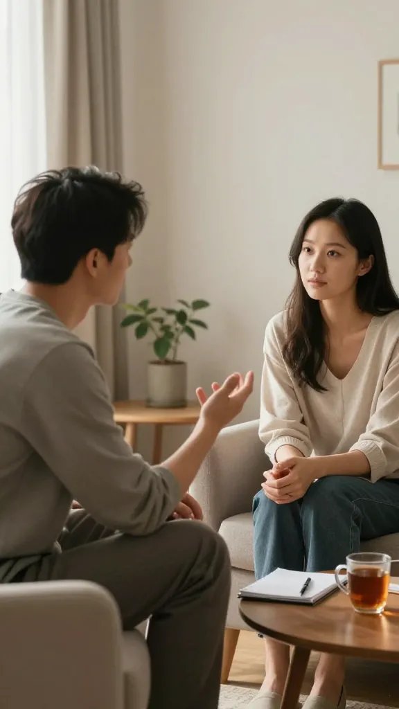 A realistic, high-quality photo of a couple seated in a cozy, softly lit living room engaged in reflective listening. They sit facing each other on comfortable chairs with a small coffee table between them. The man is gently paraphrasing, his hand raised slightly in a calm, listening gesture, while the woman nods slightly, showing understanding. A notepad and a pen rest on the table, with a warm mug of tea beside them. The scene conveys empathy and connection: relaxed postures, subtle eye contact, and a sense of safety. Soft natural light filters through a nearby window, casting gentle shadows. The atmosphere is calm and supportive, illustrating the process of reflective listening and empathetic communication without text or distractions. The main subject is the couple, representing healthy arguing through structure and care.
