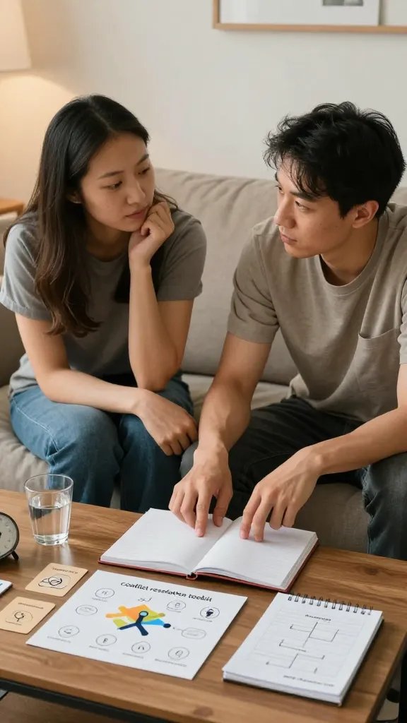A realistic, high-quality photo of a couple in a peaceful, softly lit living room, seated on a cozy couch with a warm, neutral color palette. They appear relaxed yet thoughtful, hands lightly touching on a shared, open notebook that rests on a coffee table between them. The scene conveys a sense of preparation and calm: a visible, small “conflict resolution toolkit” laid out on the table—cards or a slim binder with discreet icons representing pause phrases, a map or labeled stick figure icon for a neutral location switch, a simple flowchart for joint decision making, and a notepad labeled “post-discussion recap.” The couple’s body language shows active listening and collaboration—slightly angled toward each other, gentle eye contact, and relaxed shoulders. Subtle indicators of a practice moment: a second glass of water, a clock showing a calm pace, and soft ambient lighting that suggests safety and trust. The image should feel authentic and actionable, portraying a realistic scenario where the toolkit is being applied in a routine, home setting. No text or visible branding in the scene.