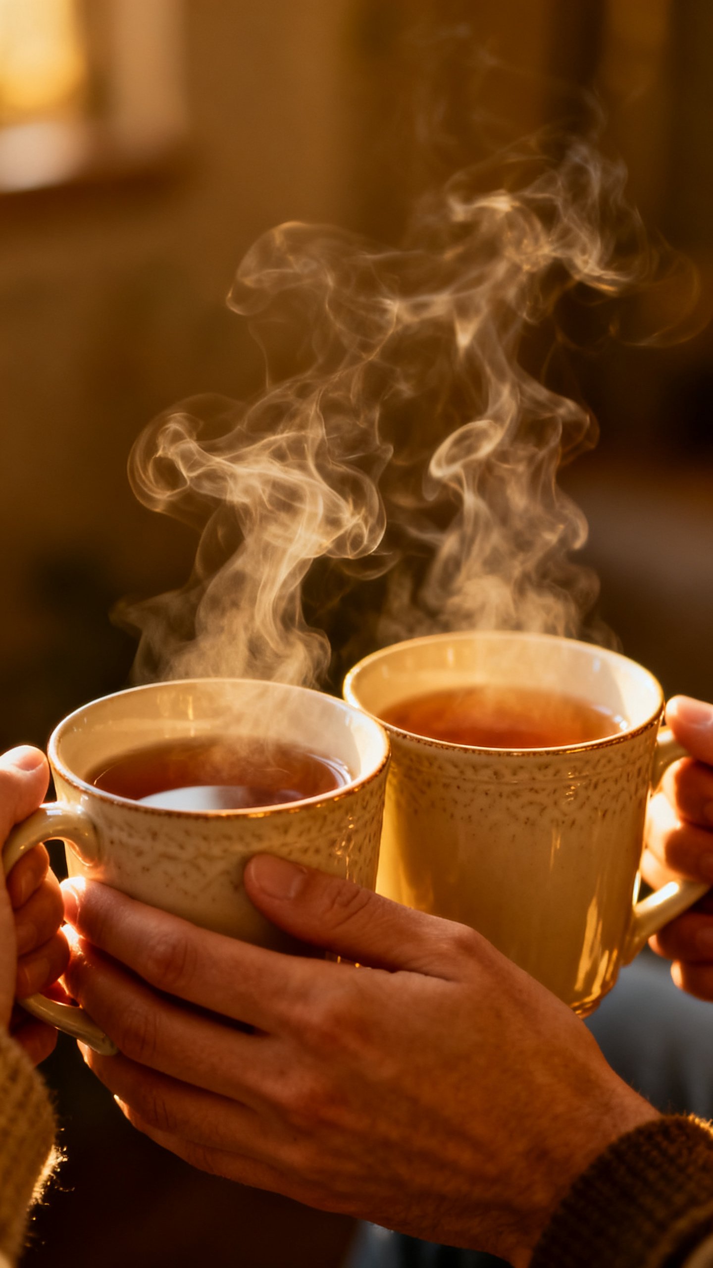 Closeup of intertwined hands holding mugs of tea, warm steam