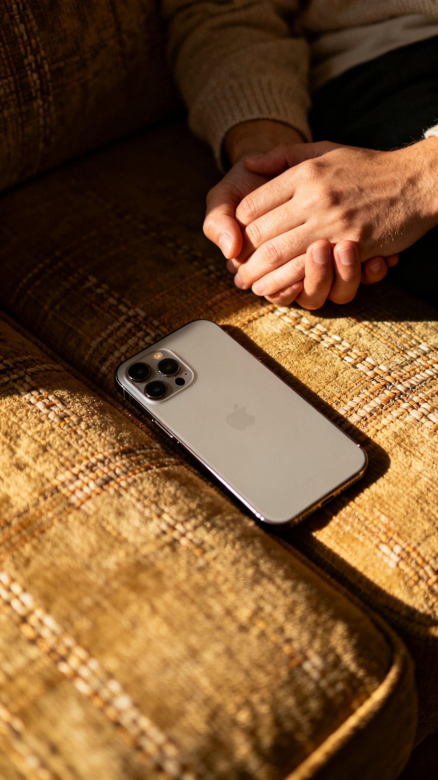 Smartphone face down beside couple’s clasped hands, couch texture