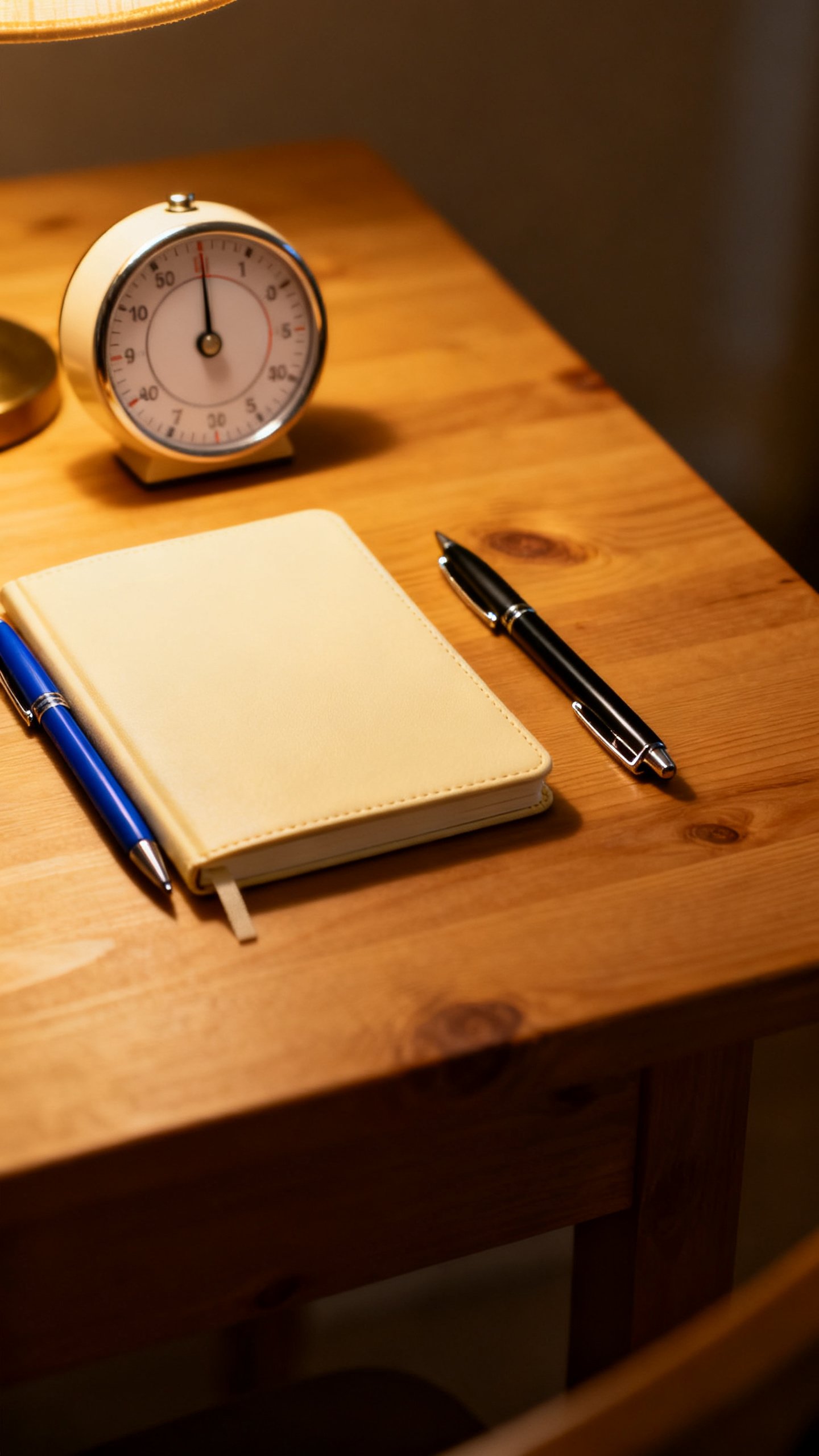 Timer and notepad on wooden table, two pens, soft lamplight
