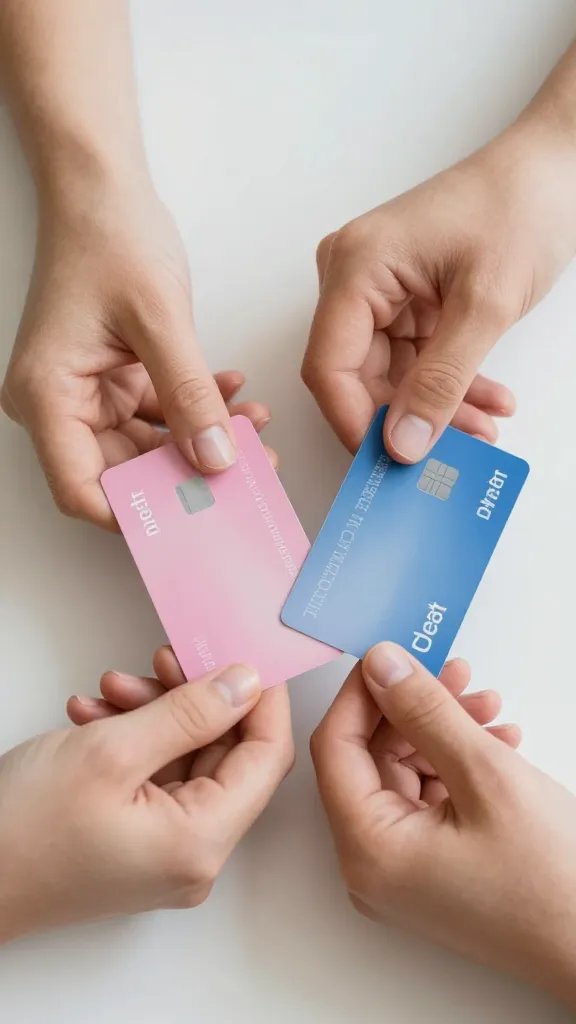 Closeup of couple’s hands placing pink and blue debt cards on a table
