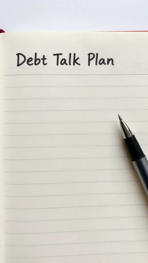 Closeup of a single notebook page titled “Debt Talk Plan” with a pen