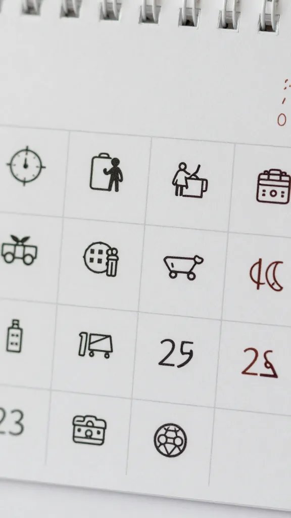 closeup of a couple’s travel calendar with split-day iconography