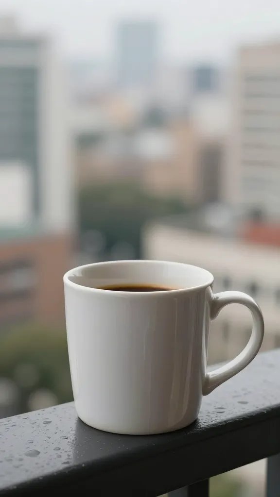 closeup of a lone coffee mug on a balcony overlooking a cityscape