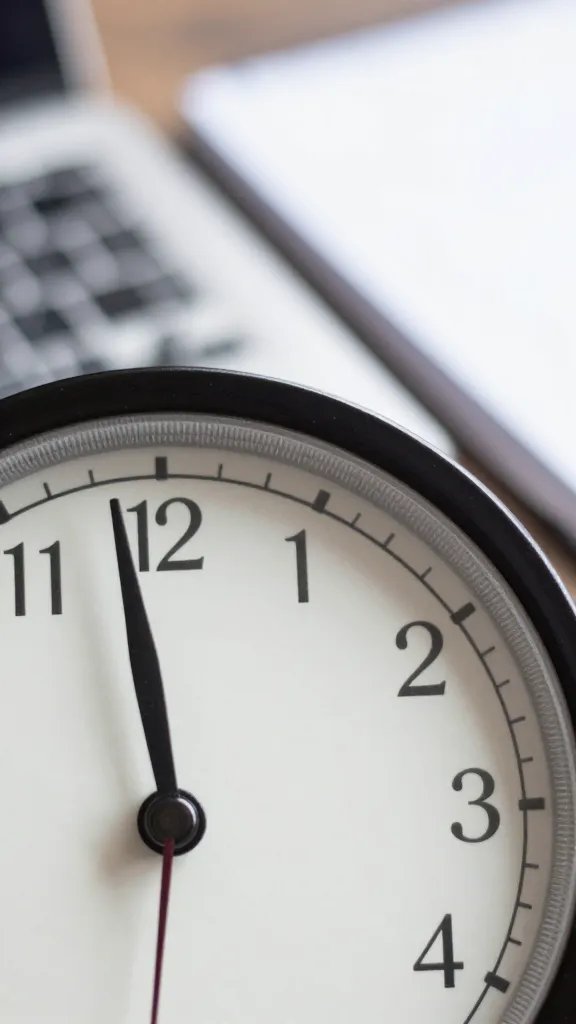 Closeup of a desk clock showing 6:00 PM with keyboard and notebook blurred in background