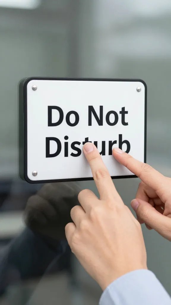 Closeup of hands toggling a “Do Not Disturb” sign on a glass office door