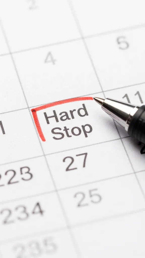 Closeup of a calendar page highlighting a hard stop time with a pen nearby