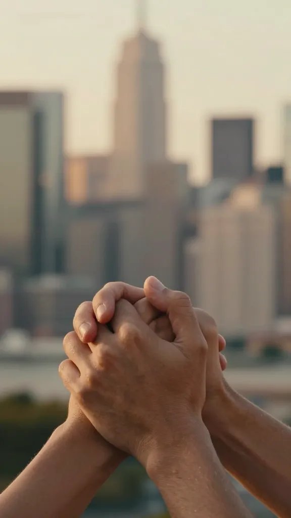 Closeup of two hands clasped in conversation, warm city skyline blur behind