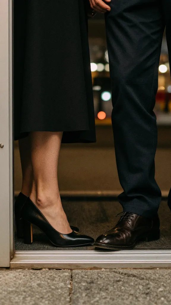 Closeup of a couple's shoes side by side on a doorway threshold, city lights through glass
