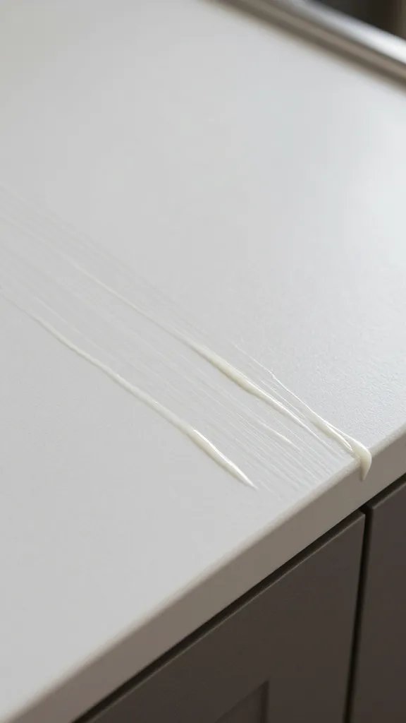 Closeup of a sticky kitchen counter detail with a clean wipe streaks