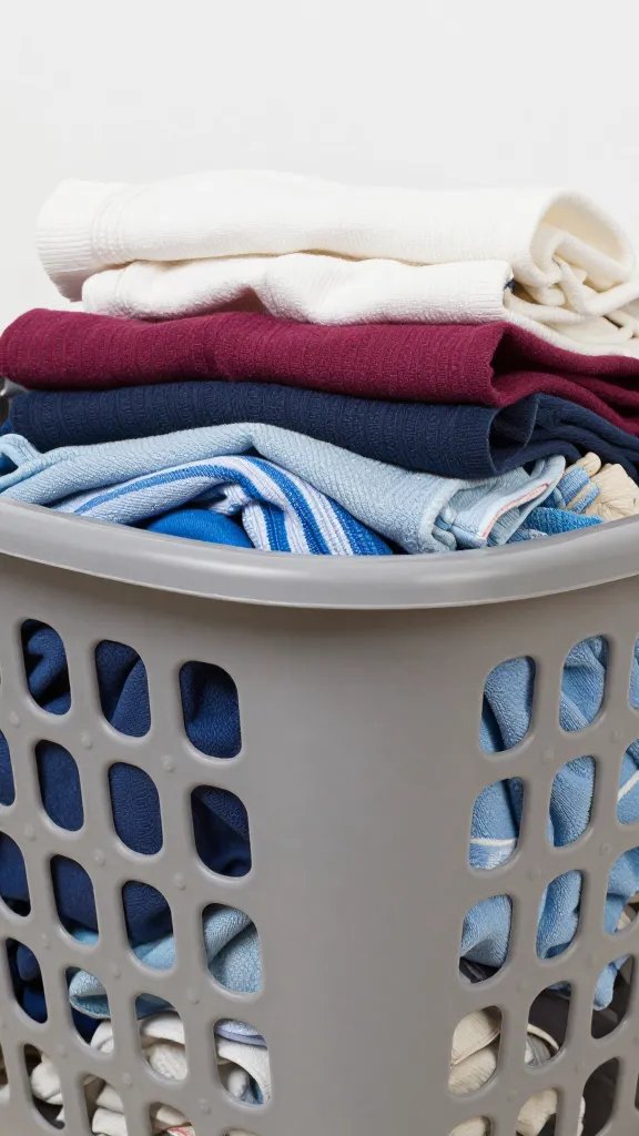 Closeup of a laundry basket half-full with folded clothes on top