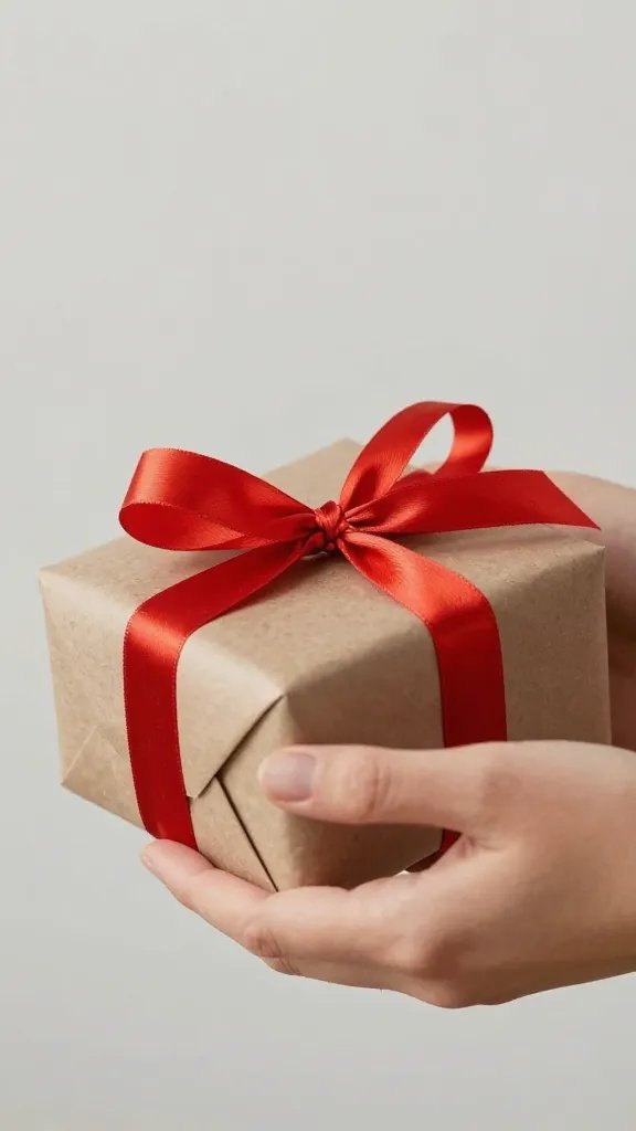 closeup of two hands exchanging a wrapped gift, festive ribbon