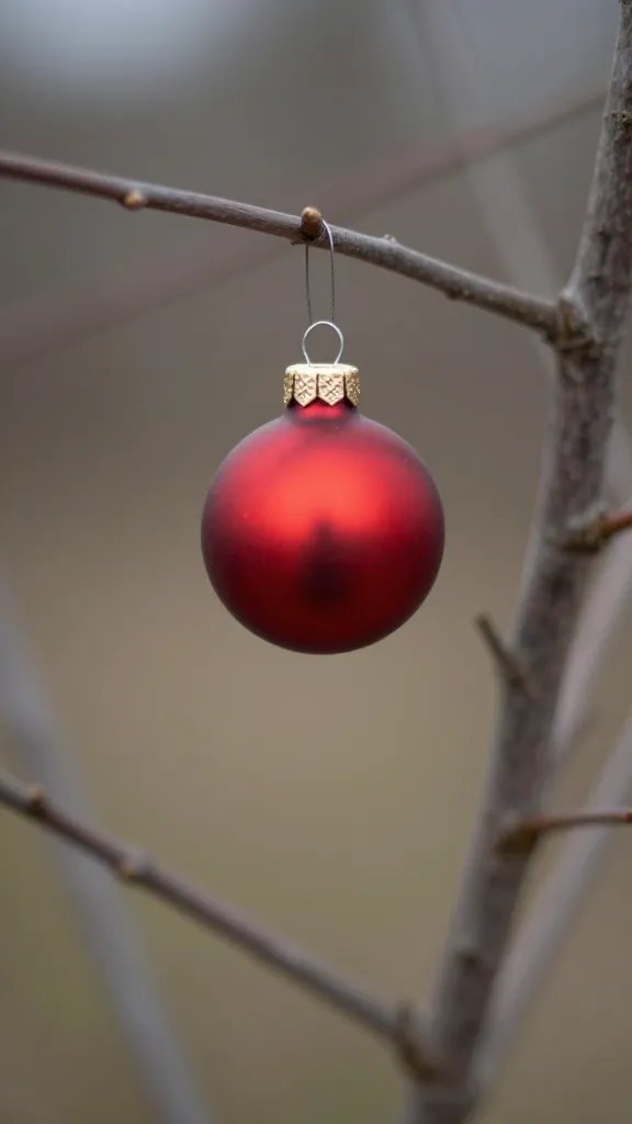 closeup of a single ornament resting on an empty branchless tree corner