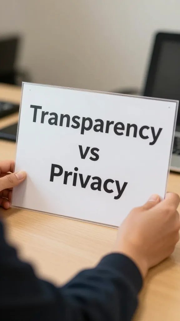 Closeup of a single partner adjusting a “Transparency vs Privacy” sign on desk