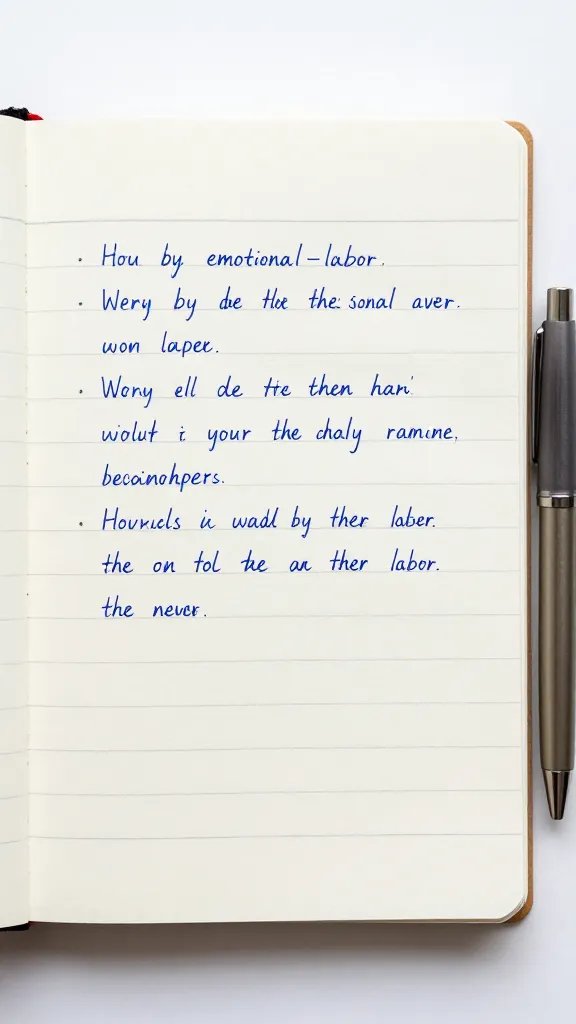 Closeup of a lone notebook with emotional-labor notes and pen