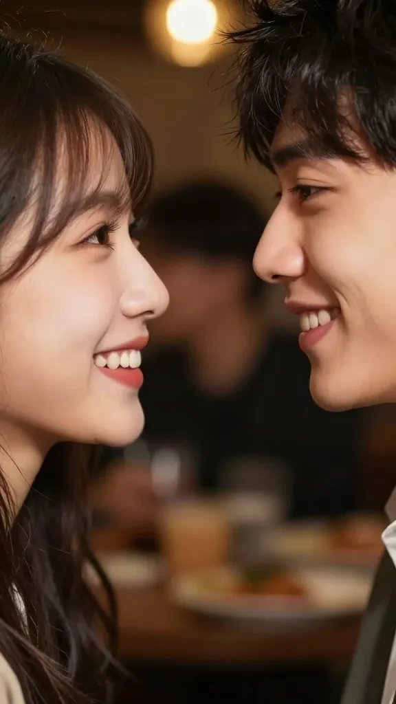 closeup of a single smile and eye contact cue between two people in a cozy party setting