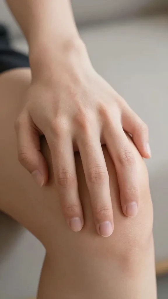 Closeup of a partner's hand resting on a knee, calm expression