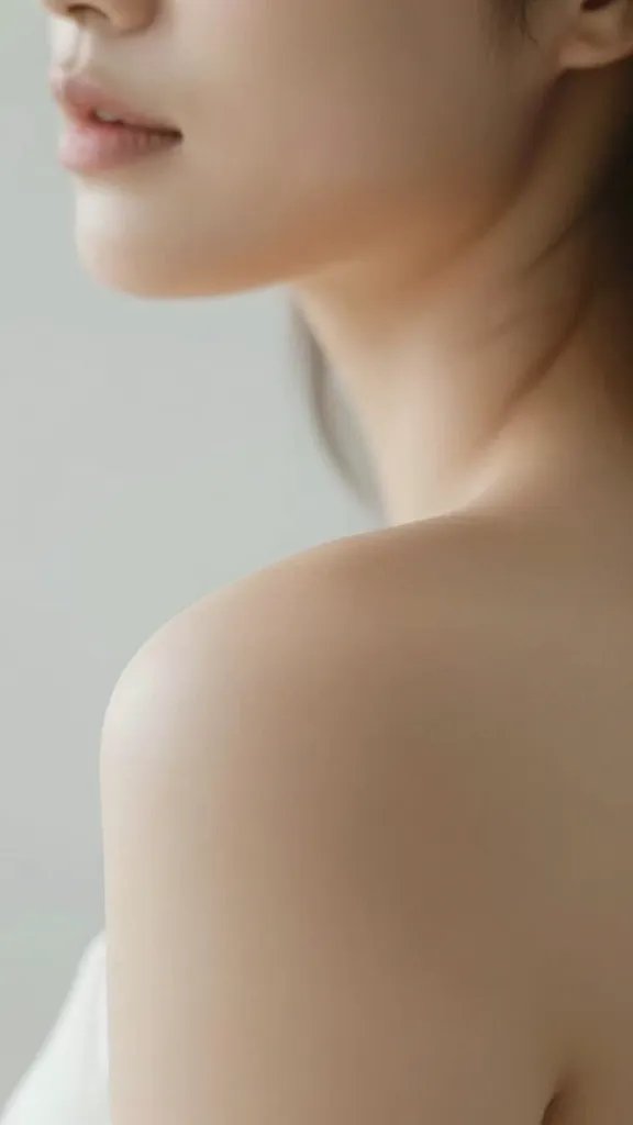 Closeup of a partner's shoulder with relaxed posture, gentle breath blur