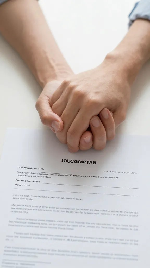 Closeup of a couple holding hands over a printed loan agreement