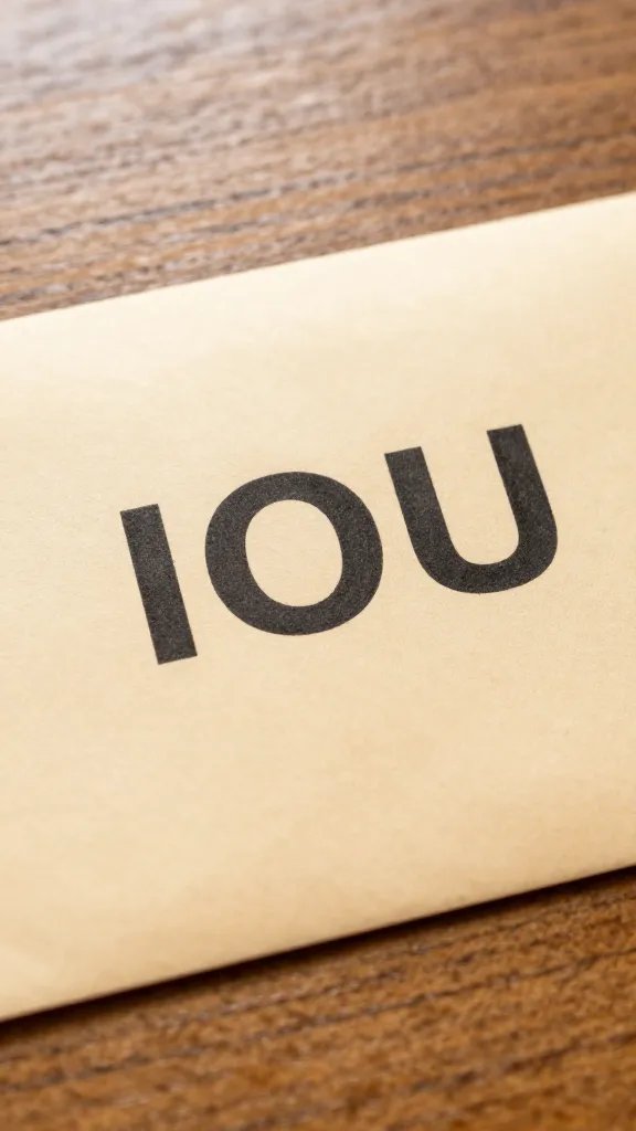 Closeup of a single envelope labeled “IOU” on a wooden desk