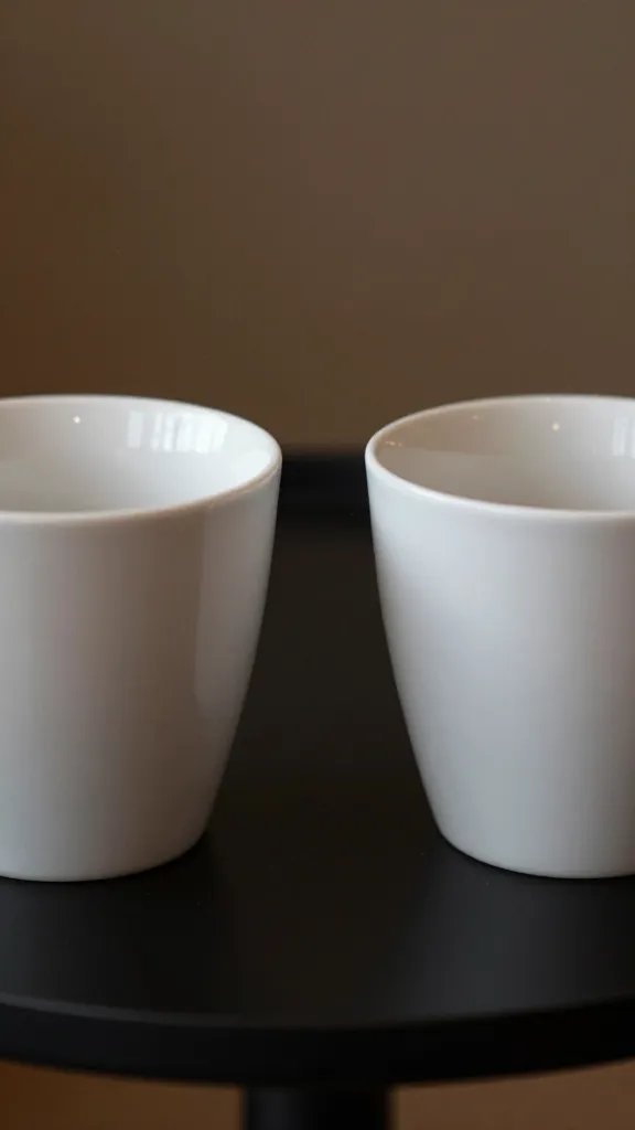 Closeup of two empty coffee mugs facing each other on a small table
