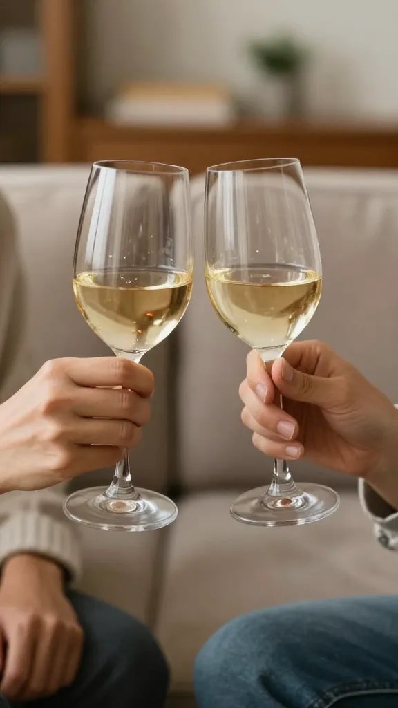 Close-up of a couple’s hands clinking wine glasses in a cozy living room