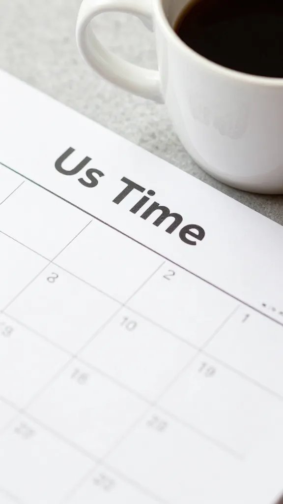 Close-up of a calendar page marked “Us Time” with a single coffee mug