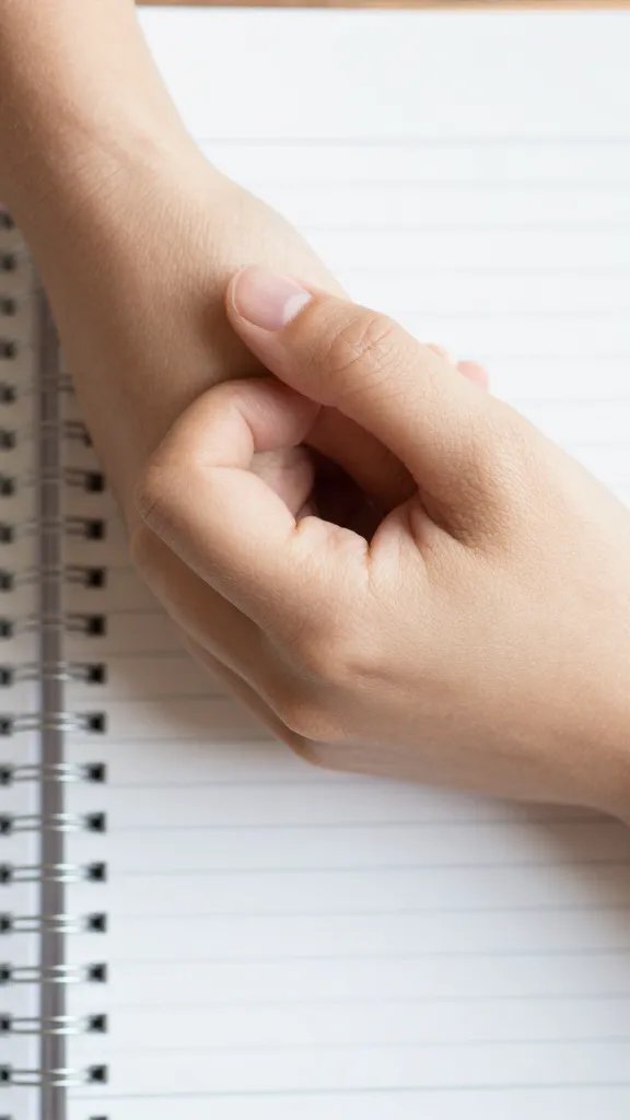 Close-up of two intertwined fingers resting on a shared hobby notebook