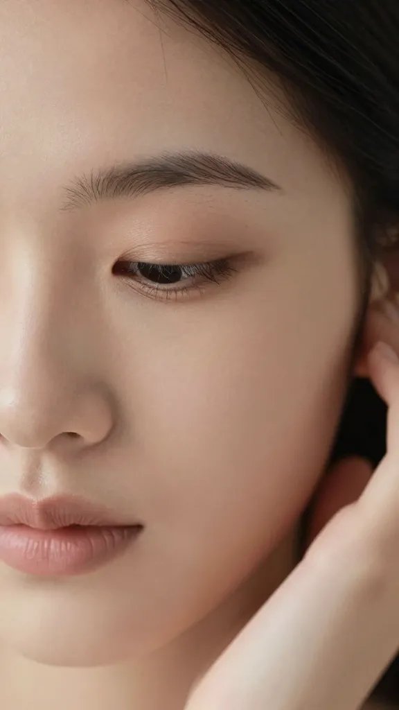 Closeup of a person’s face listening intently, eyes slightly down, soft neutral lighting