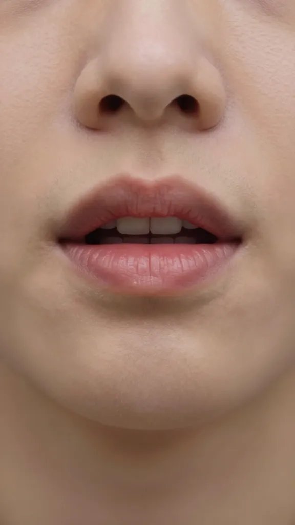 Closeup of a single mouth speaking softly, hint of a tense crease at the jaw