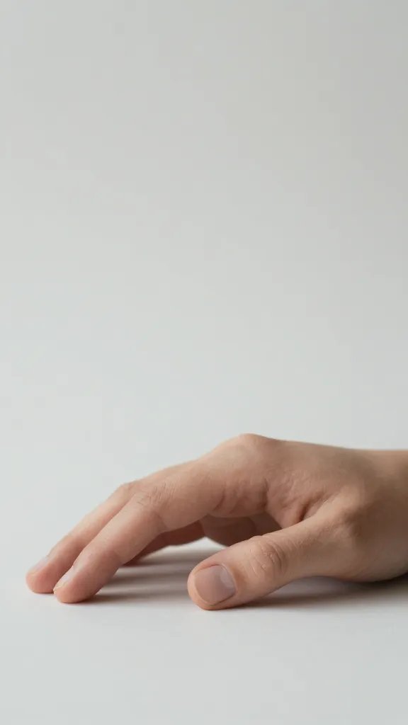 Closeup of a single hand resting on a table, fingers gently curved, plain background