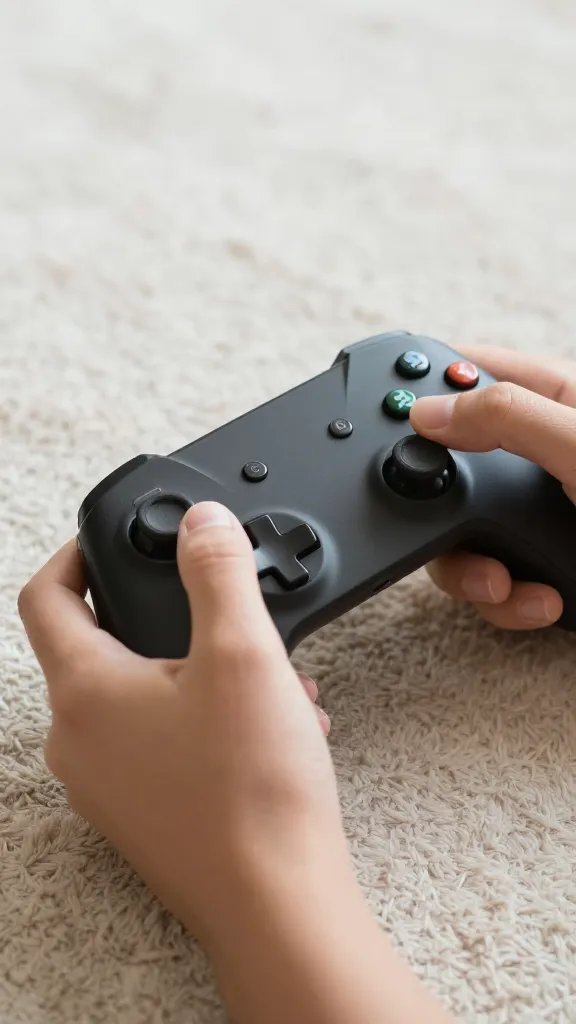 closeup of a single person playing a handheld video game controller on a soft rug