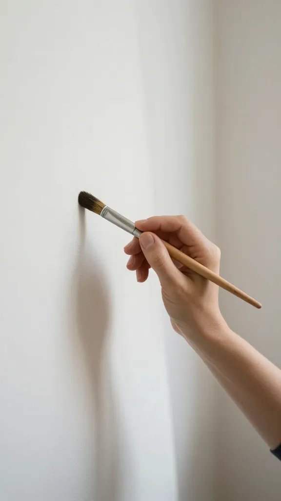 closeup of a solo painter’s hand with brush against a blank canvas in a studio corner