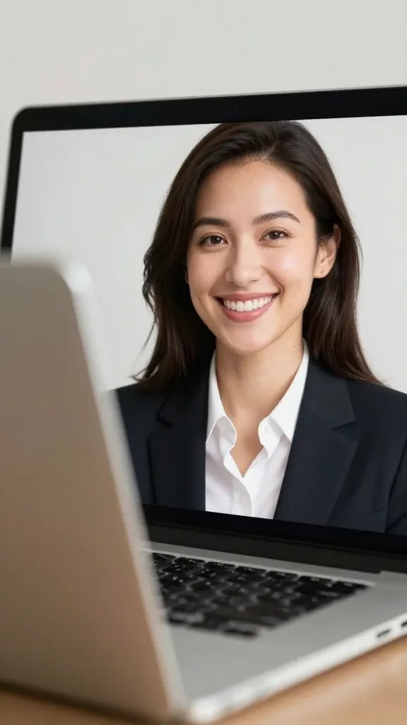 Closeup of a smiling professional 15-minute Skype call on laptop