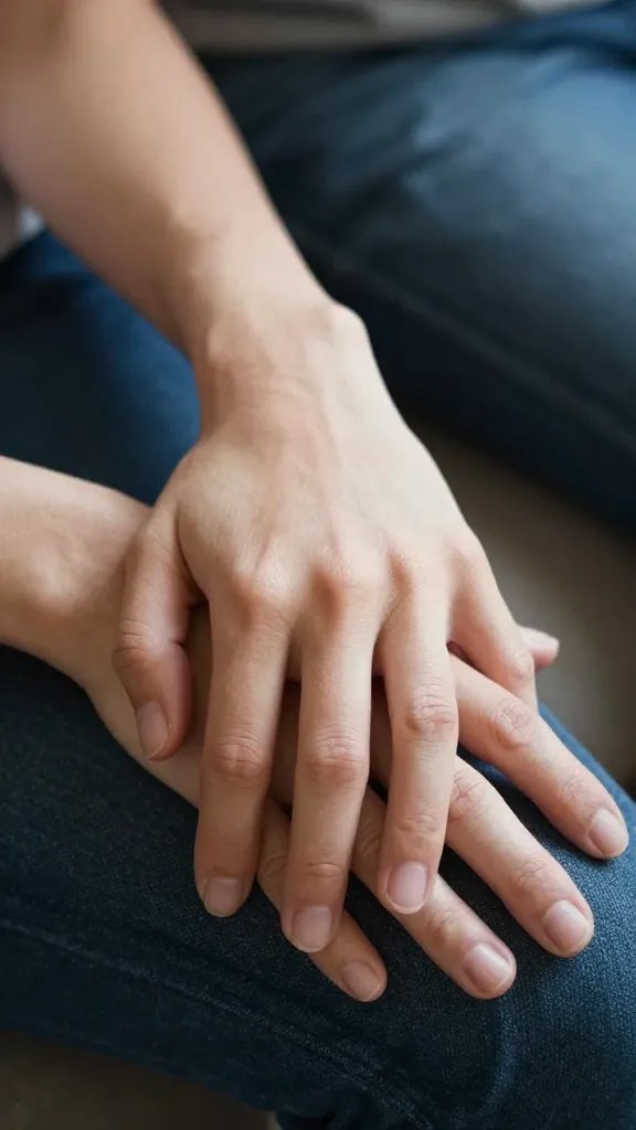 Closeup of a listening partner’s hands resting in lap, subtle tension