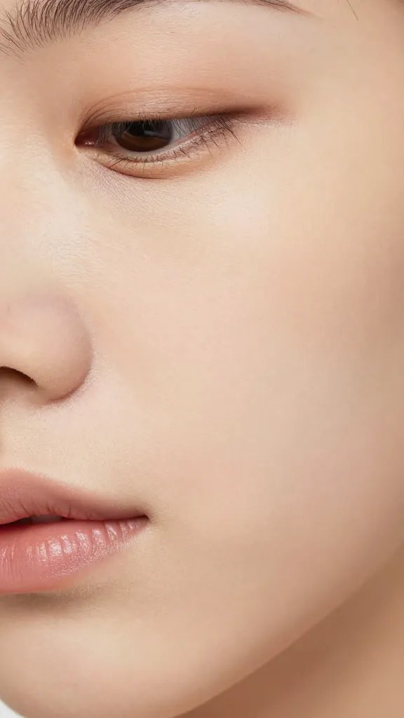 Closeup of a single sigh line on a quiet face, soft studio lighting