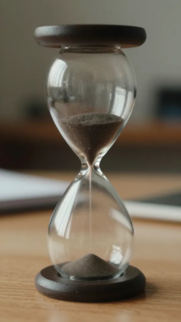 Closeup of a single hourglass timer with calm workspace background