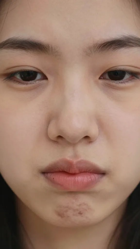 Closeup of a person’s face showing slight frown, soft lighting
