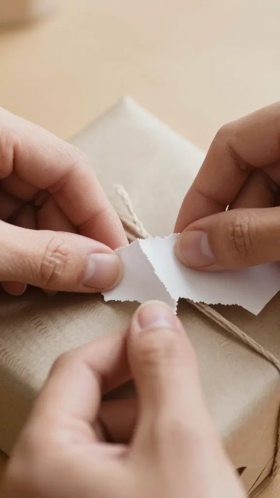 Closeup of a wrapped gift being opened, fingers tearing paper
