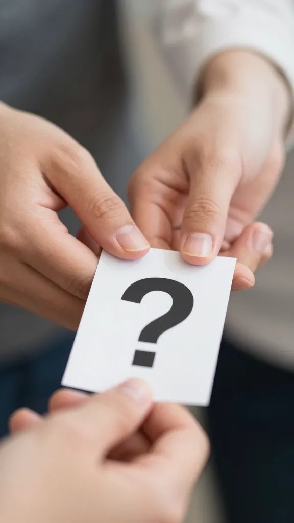 Closeup of a man and woman’s hands reaching for question card