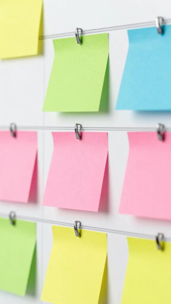 Closeup of a calendar on a wall with colorful sticky notes