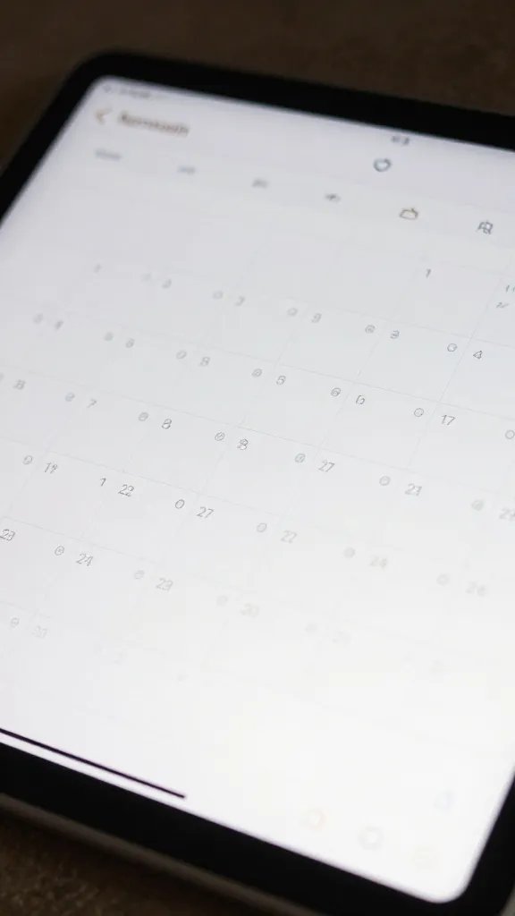 Closeup of a tablet showing a shared household calendar interface