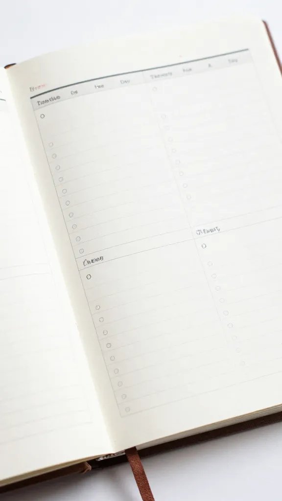 Closeup of a planner open to a weekly schedule page with handwritten entries