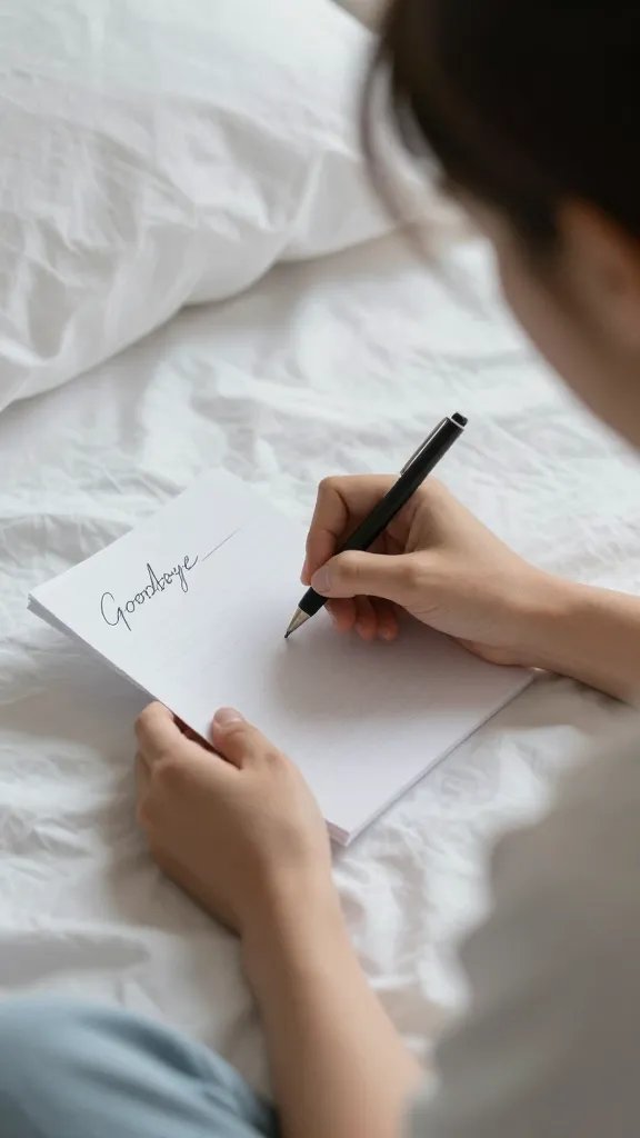 Closeup of a calm partner scribbling a goodbye note by bed