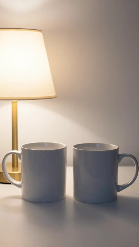 Crisp portrait of two mugs and a half-lit lamp signaling night shift routines