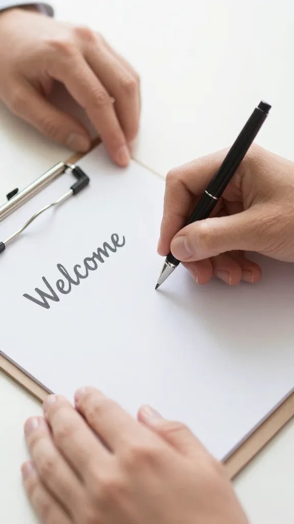 Closeup of a couple’s hands shaping a welcome note on a clipboard